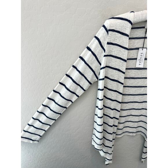 VELVET BY GRAHAM & SPENCER Navy Striped Open Front Waterfall Cardigan NWT Small - Picture 3 of 8